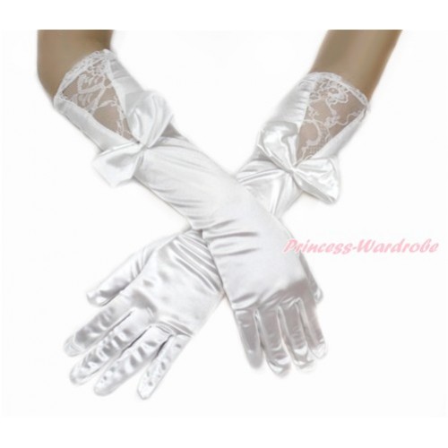 White Wedding Elbow Length Princess Costume Long Lace Satin Gloves with Bow PG010 